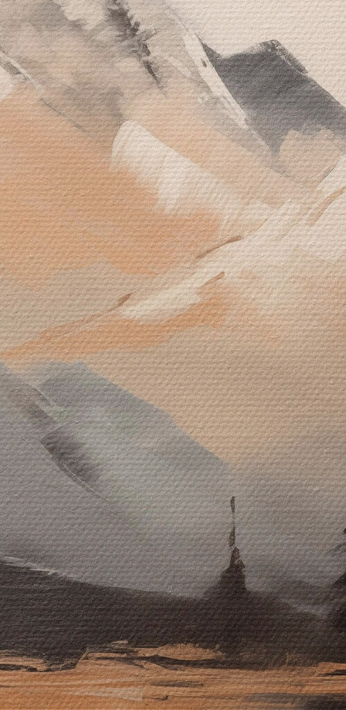 Painting of a mountain range and a lake