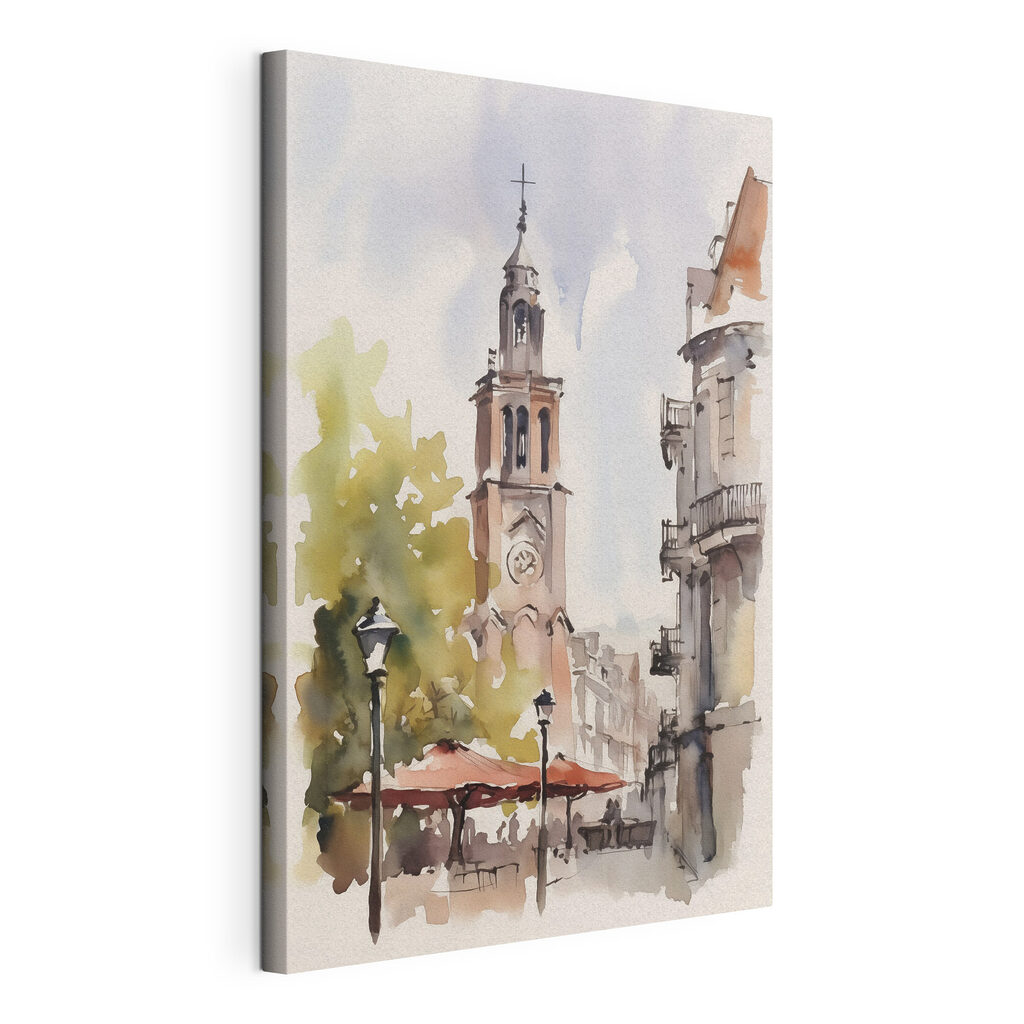 Watercolor of a building with a clock tower
