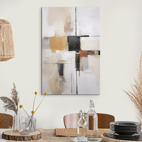 Tableaux Tableaux Peinture représentant un mur blanc orné de carrés noirs et de carrés marron (UGS : s46126)