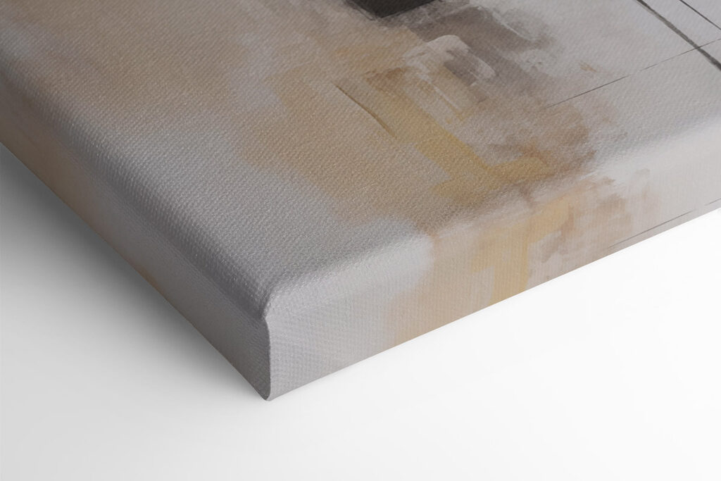 Painting of a white wall with black squares and brown squares