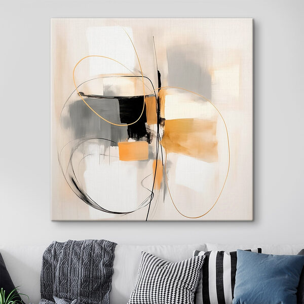Tableaux Tableaux Peinture représentant un mur blanc orné de cercles et de lignes noirs et jaunes (UGS : s46322)