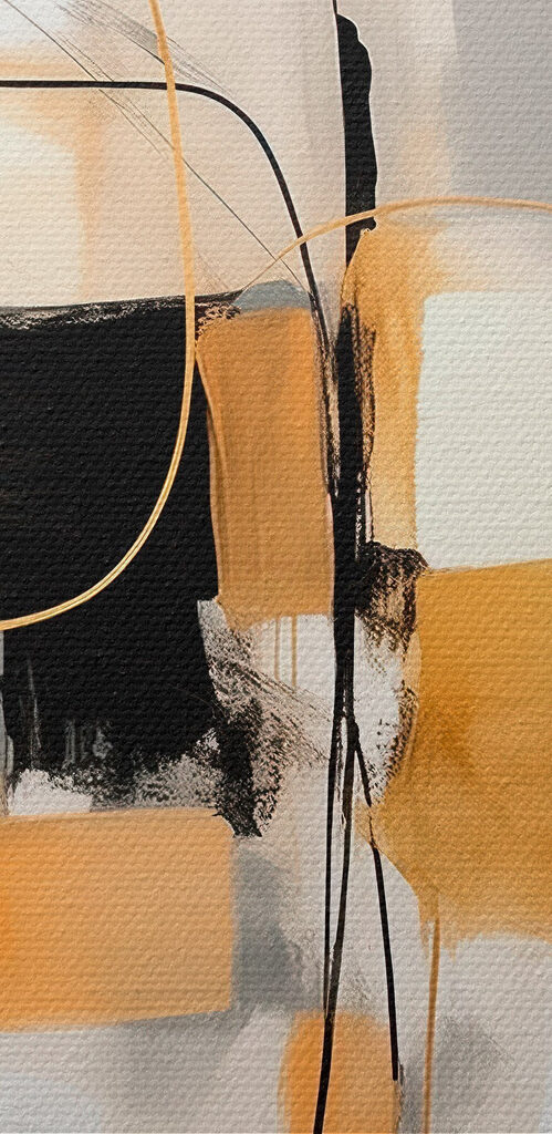 Painting of a white wall with black and yellow circles and lines
