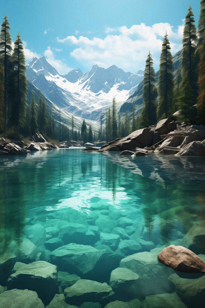 Lac de montagne avec des arbres et des rochers Lac de montagne avec des arbres et des rochers