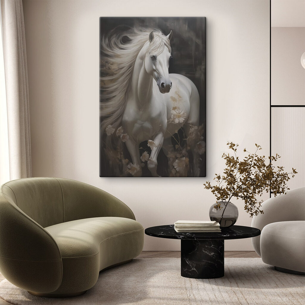 White horse with long mane and tail