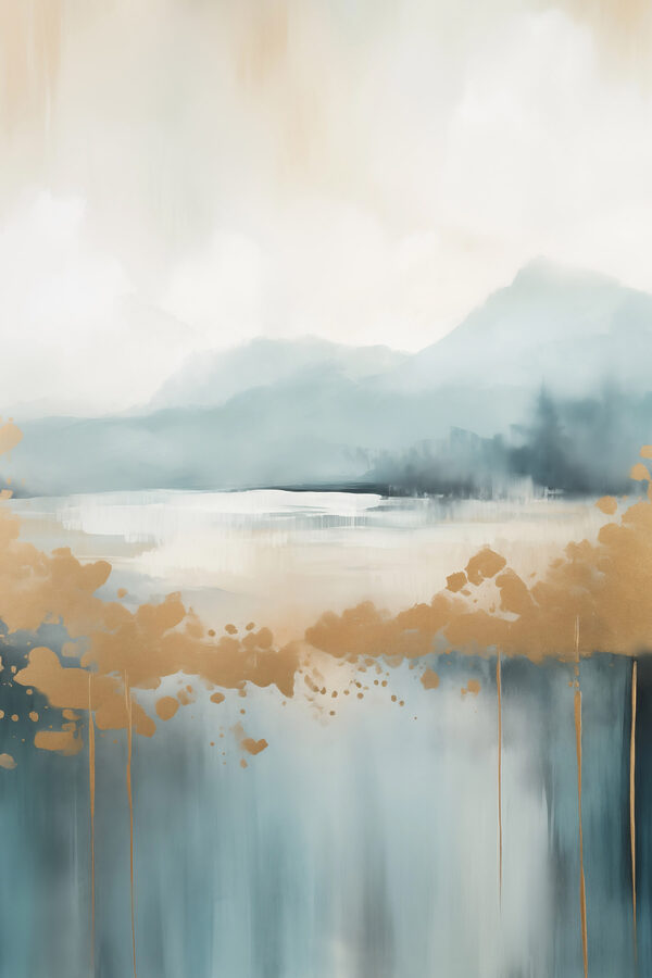 Painting of a lake with mountains in the background Painting of a lake with mountains in the background