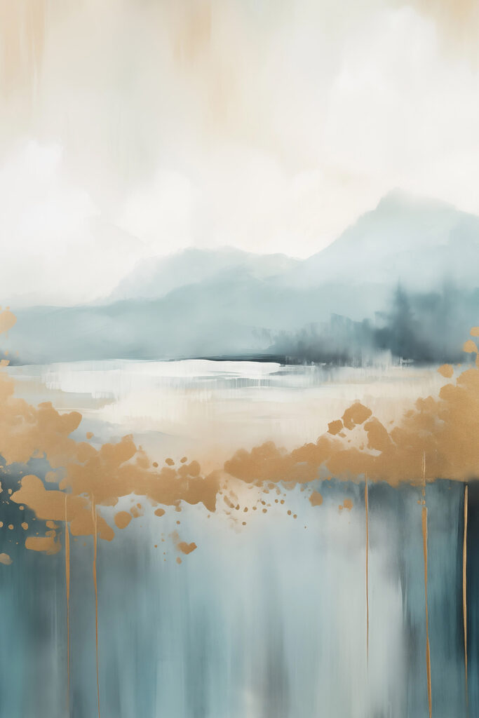Painting of a lake with mountains in the background Painting of a lake with mountains in the background
