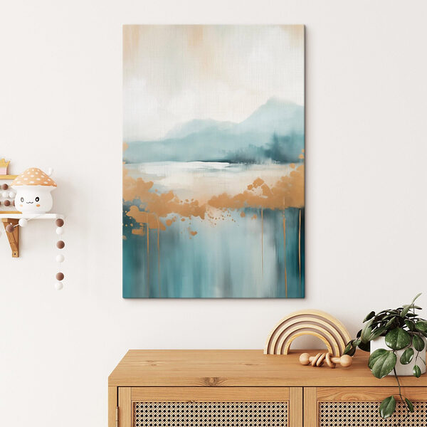 Painting of a lake with mountains in the background Painting of a lake with mountains in the background