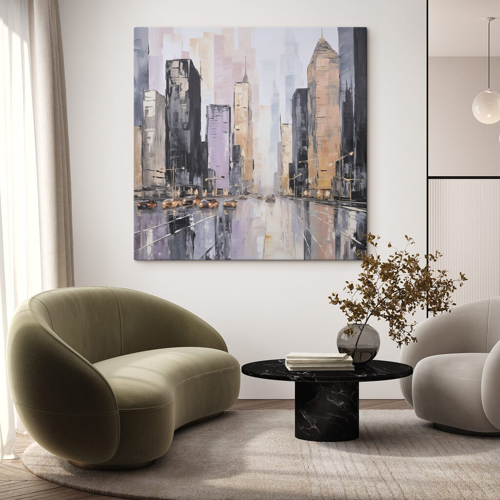 Painting of a city street with cars and buildings Painting of a city street with cars and buildings