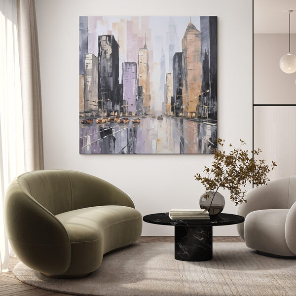 Painting of a city street with cars and buildings Painting of a city street with cars and buildings