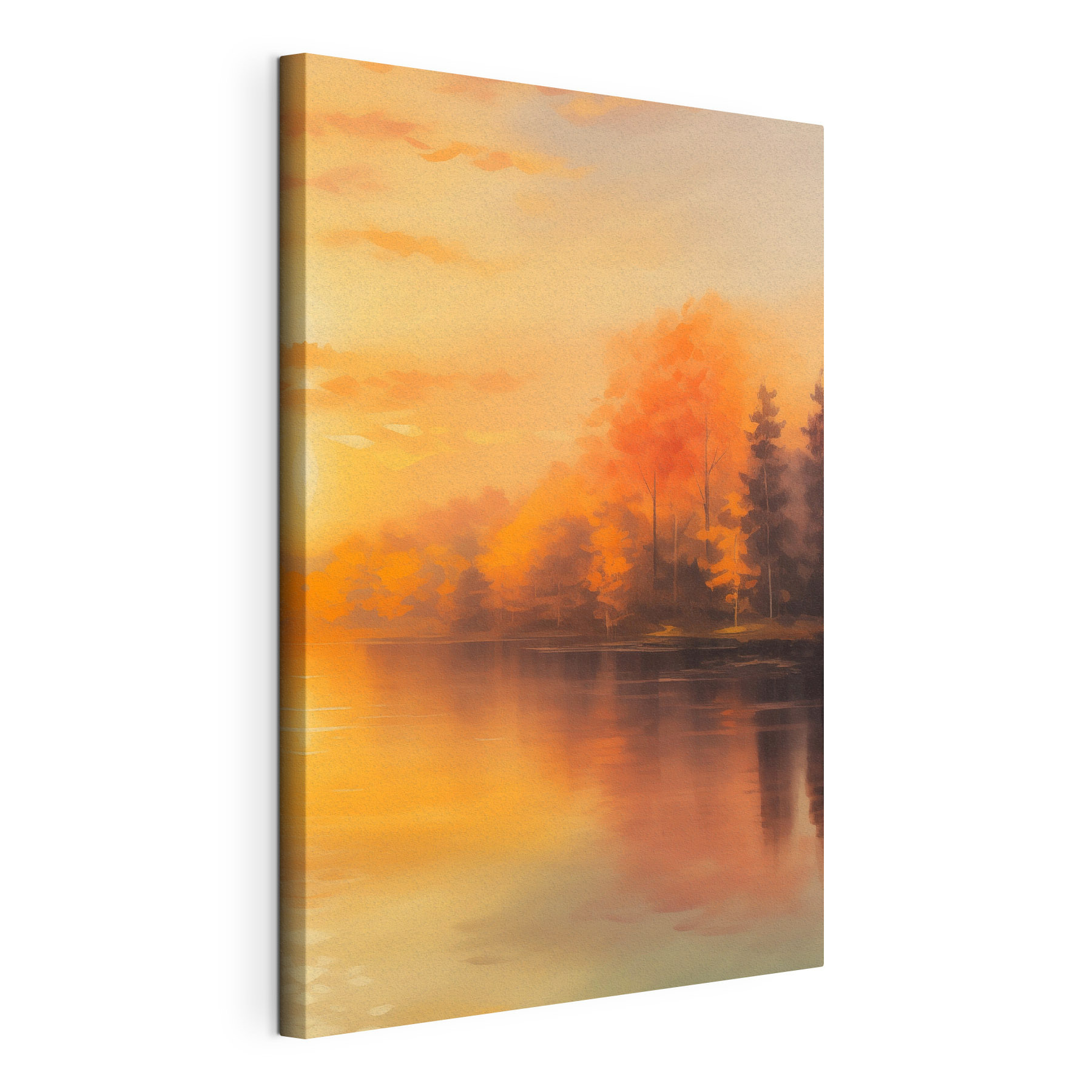 Watercolor painting of trees and a lake