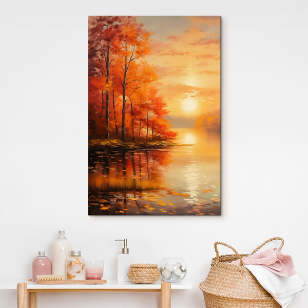 Tableaux Tableau représentant un lac avec des arbres et des feuilles orange