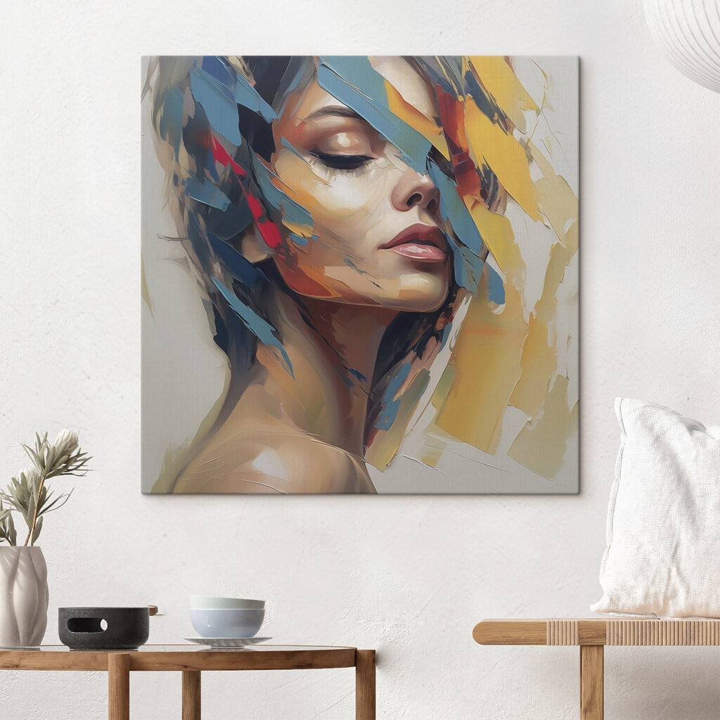 Painting of a woman with colorful paint on her face