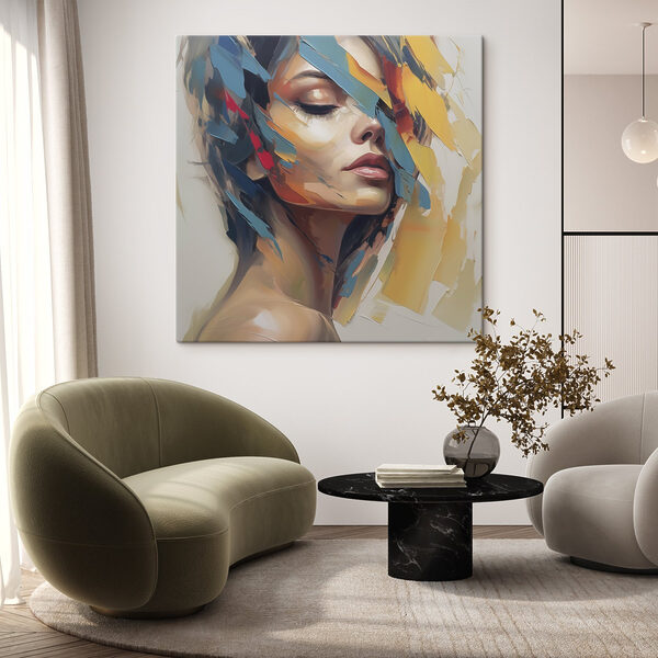 Painting of a woman with colorful paint on her face