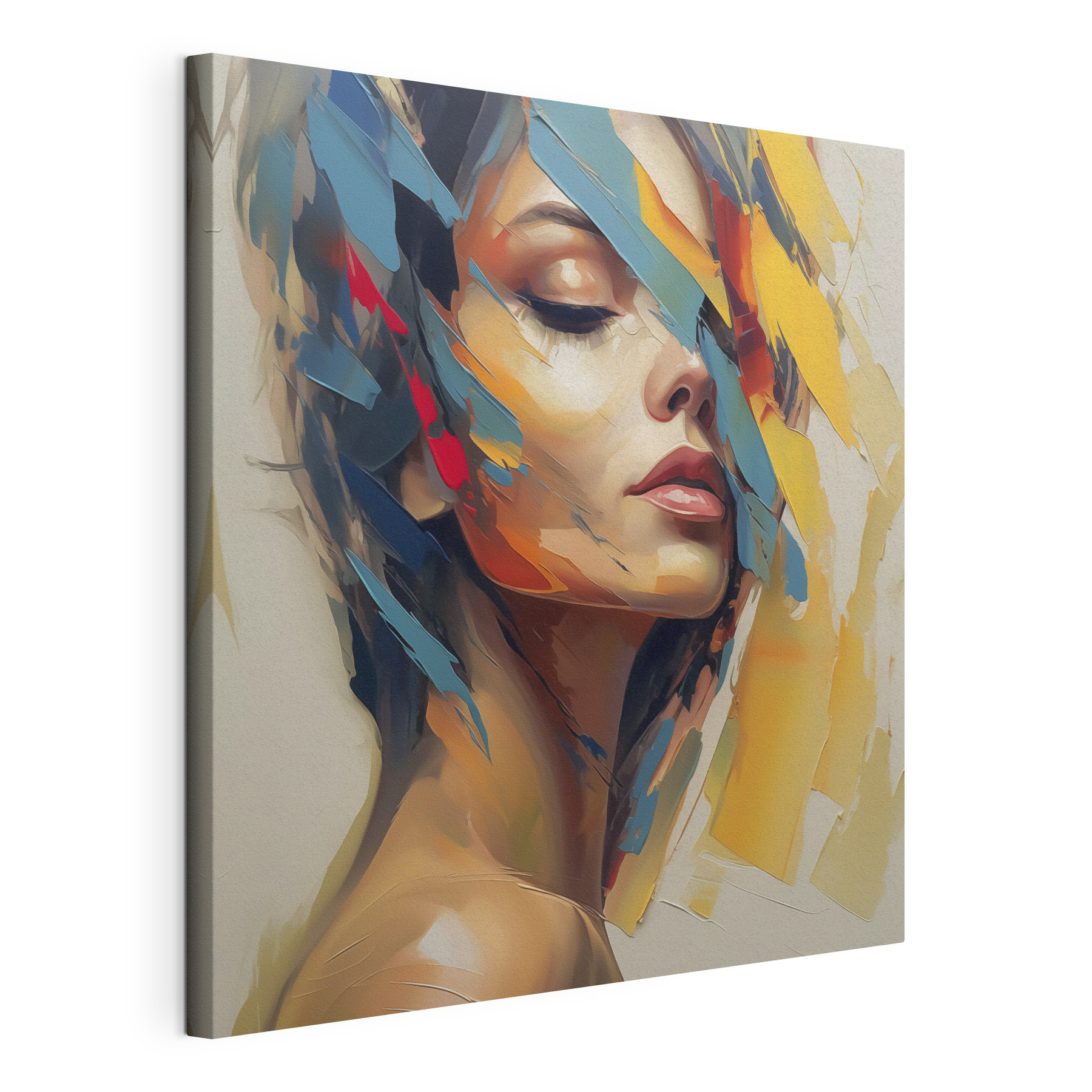 Painting of a woman with colorful paint on her face
