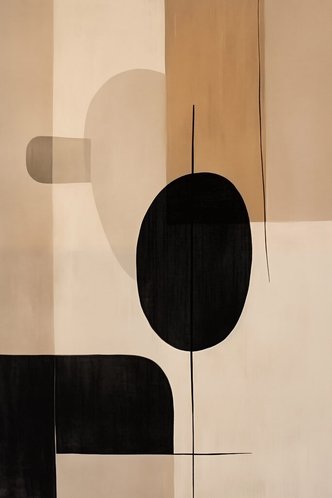 Painting of a black and white circle and oval shapes Painting of a black and white circle and oval shapes