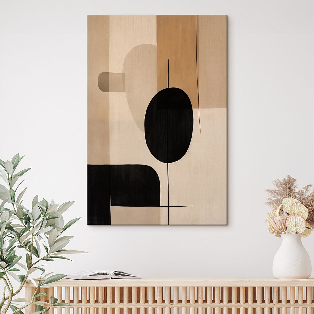 Painting of a black and white circle and oval shapes Painting of a black and white circle and oval shapes