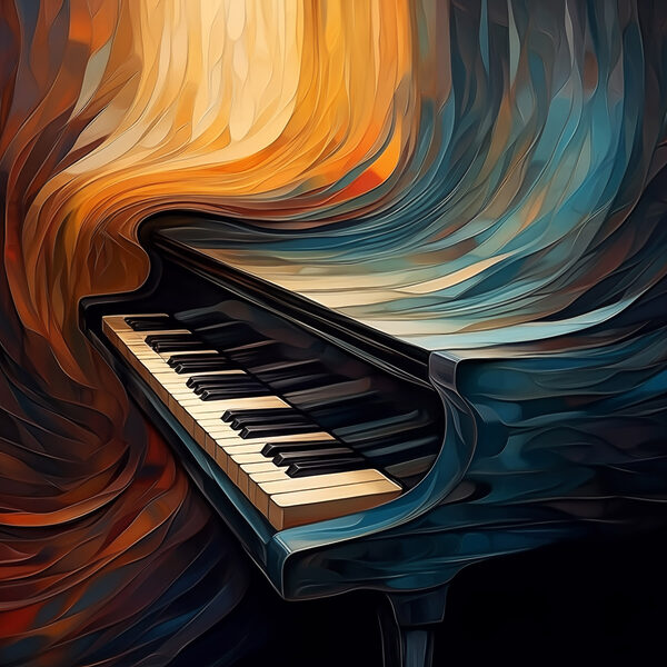 Piano with a colorful curtain