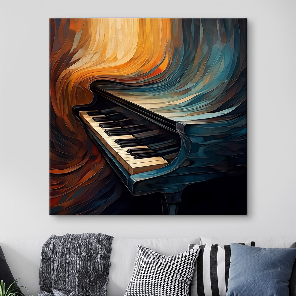Piano with a colorful curtain