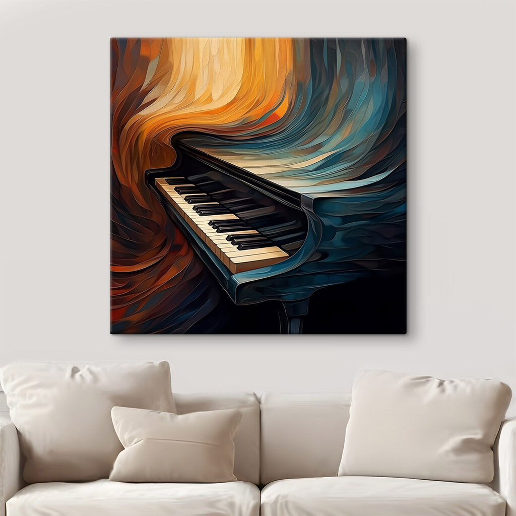 Piano with a colorful curtain
