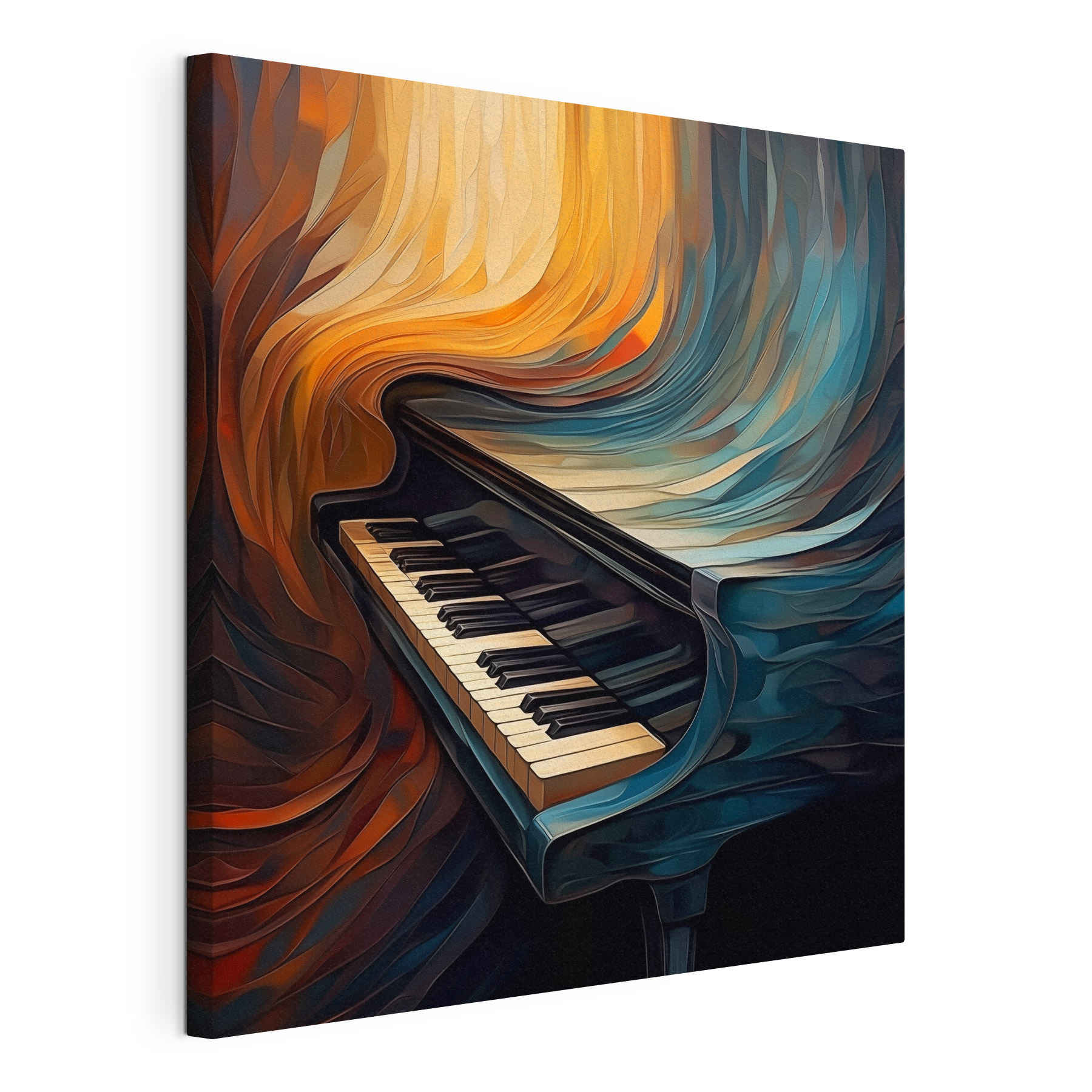 Piano with a colorful curtain