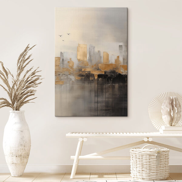 Painting of a city with birds flying in the sky