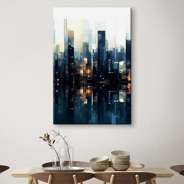 Tableaux Tableaux Silhouette de la ville avec les lumières se reflétant dans l'eau (UGS : s47676)