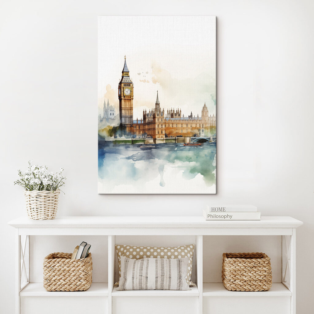Aquarelle représentant un bâtiment avec une tour horloge Aquarelle représentant un bâtiment avec une tour horloge