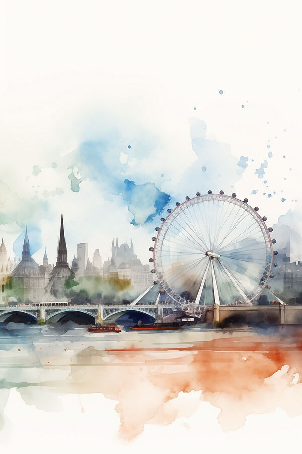 Aquarelle représentant une ville avec une grande roue et un pont Aquarelle représentant une ville avec une grande roue et un pont