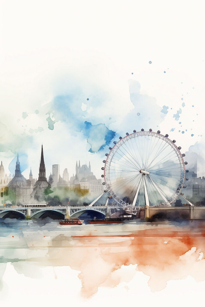 Aquarelle représentant une ville avec une grande roue et un pont Aquarelle représentant une ville avec une grande roue et un pont