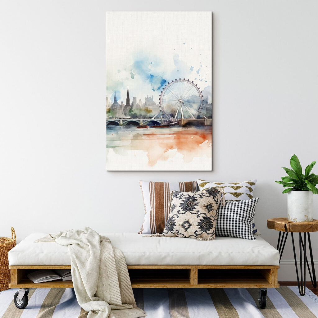 Watercolor of a city with a ferris wheel and a bridge Watercolor of a city with a ferris wheel and a bridge