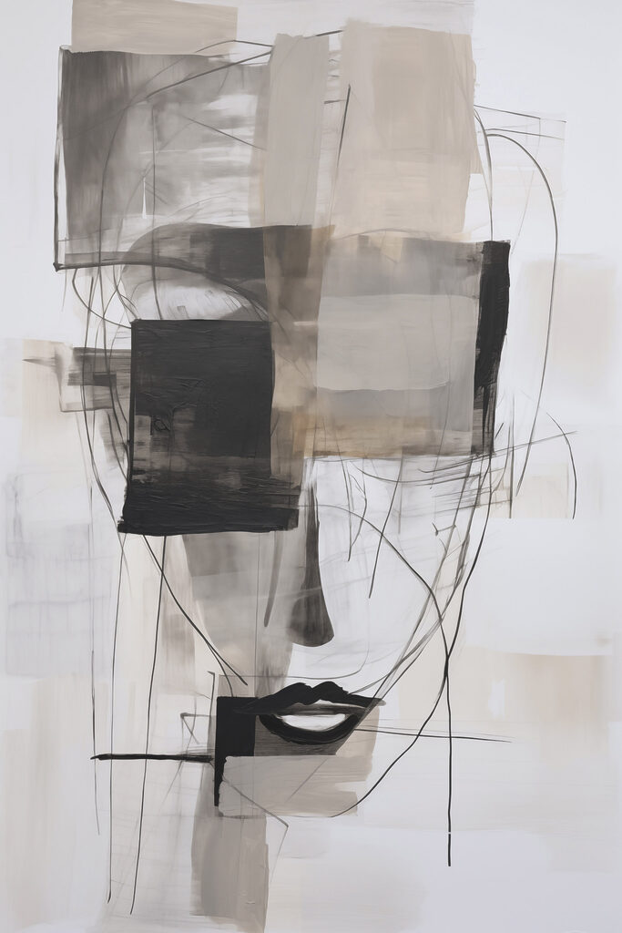 Painting of a face with black and white squares and lines Painting of a face with black and white squares and lines