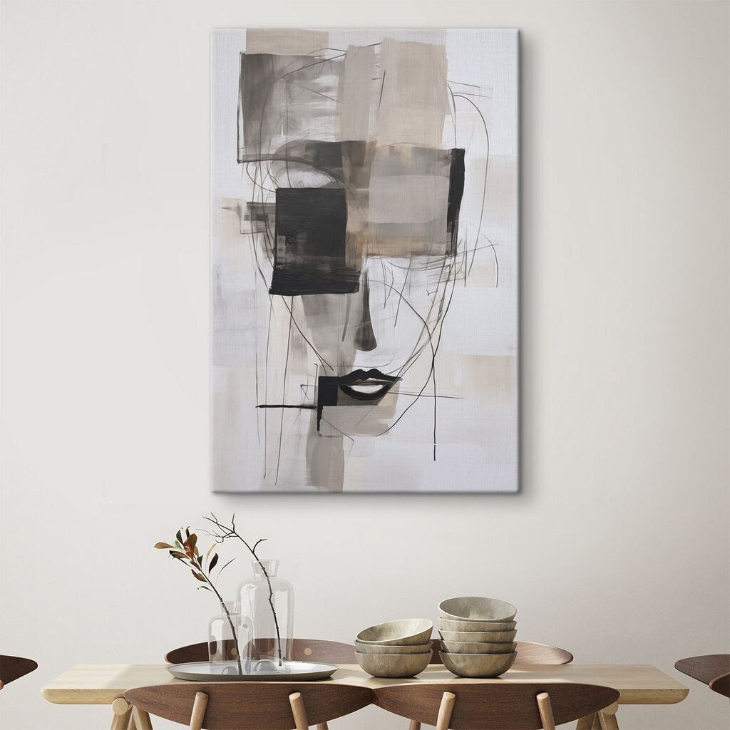 Painting of a face with black and white squares and lines Painting of a face with black and white squares and lines
