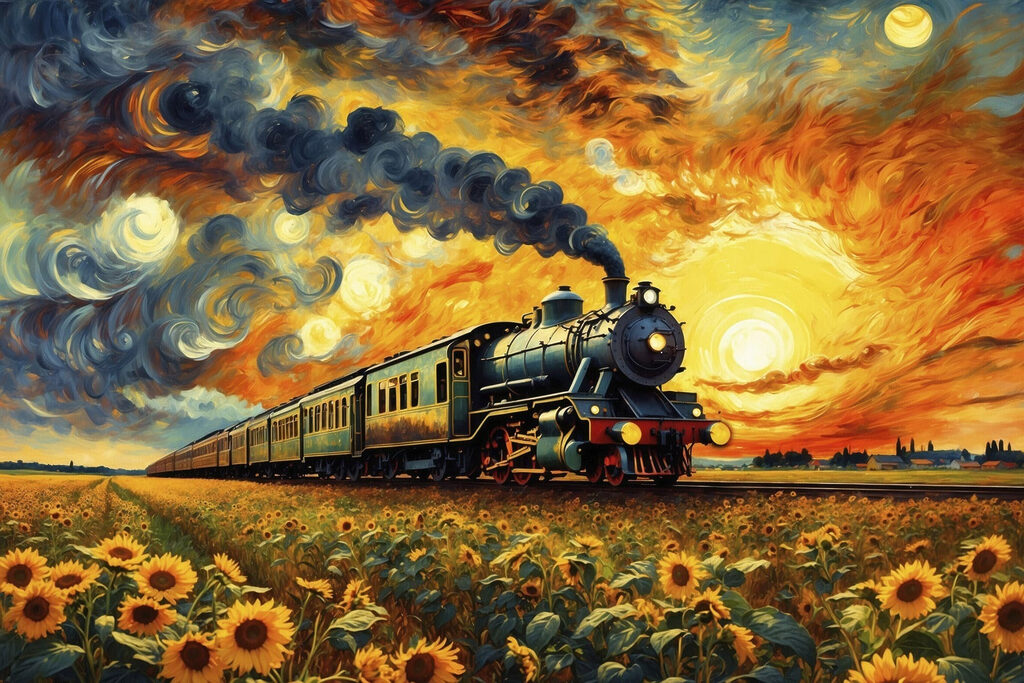 Train on the tracks with sunflowers and smoke coming out of the engine Train on the tracks with sunflowers and smoke coming out of the engine