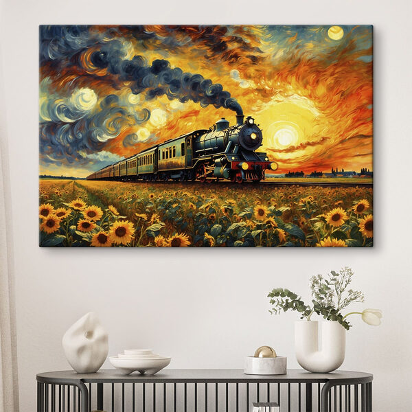 Tableaux Tableaux Un train sur les rails, avec des tournesols et de la fumée s'échappant de la locomotive (UGS : s47257)