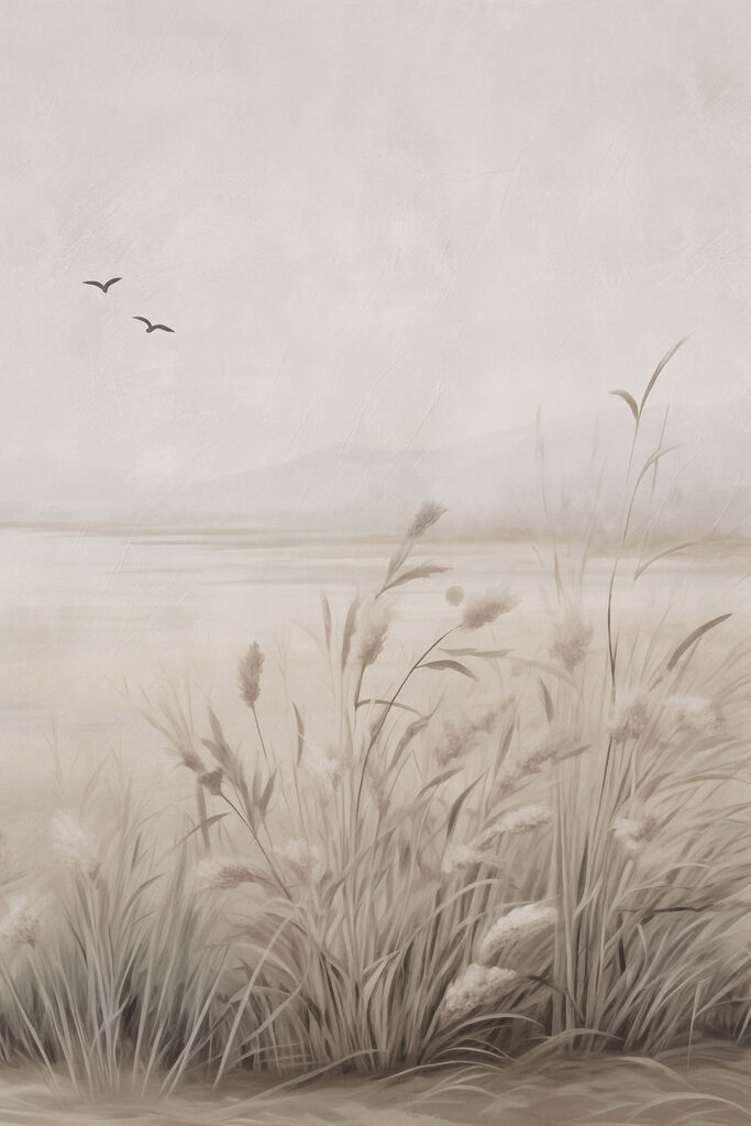 Painting of a field of grass and birds flying in the sky Painting of a field of grass and birds flying in the sky