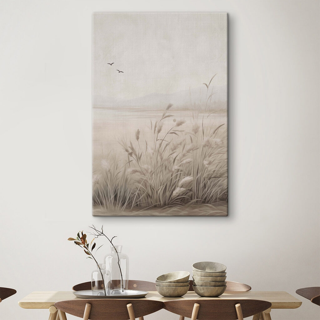 Painting of a field of grass and birds flying in the sky Painting of a field of grass and birds flying in the sky