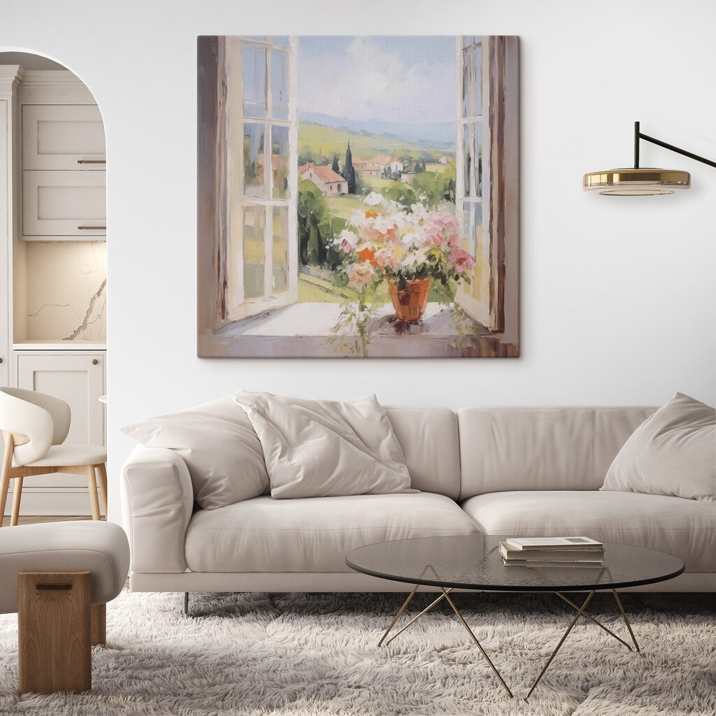 Painting of a window with flowers in it Painting of a window with flowers in it