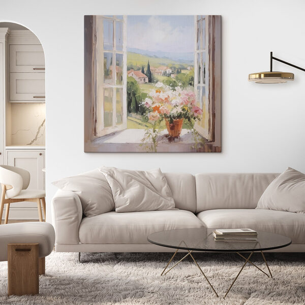 Painting of a window with flowers in it Painting of a window with flowers in it