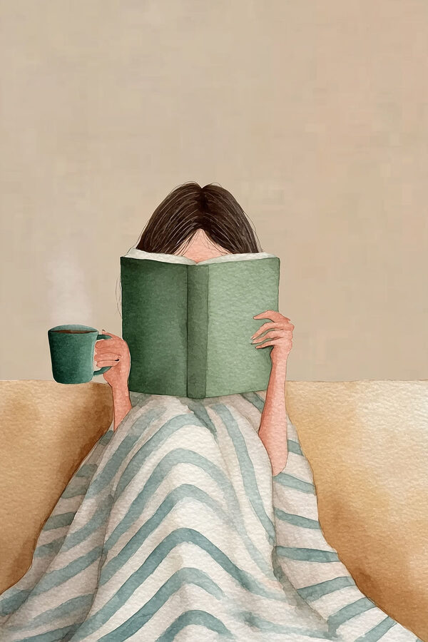Woman reading a book and holding a cup