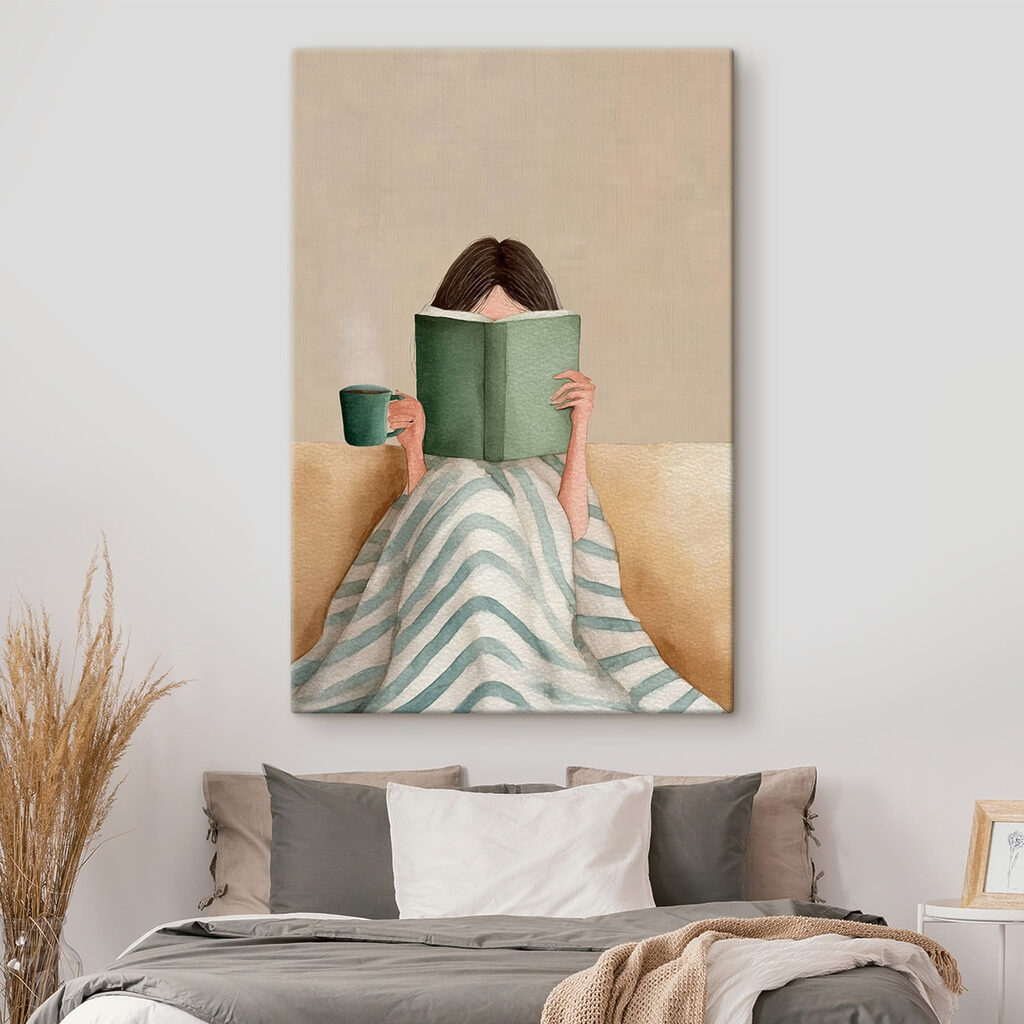 Woman reading a book and holding a cup