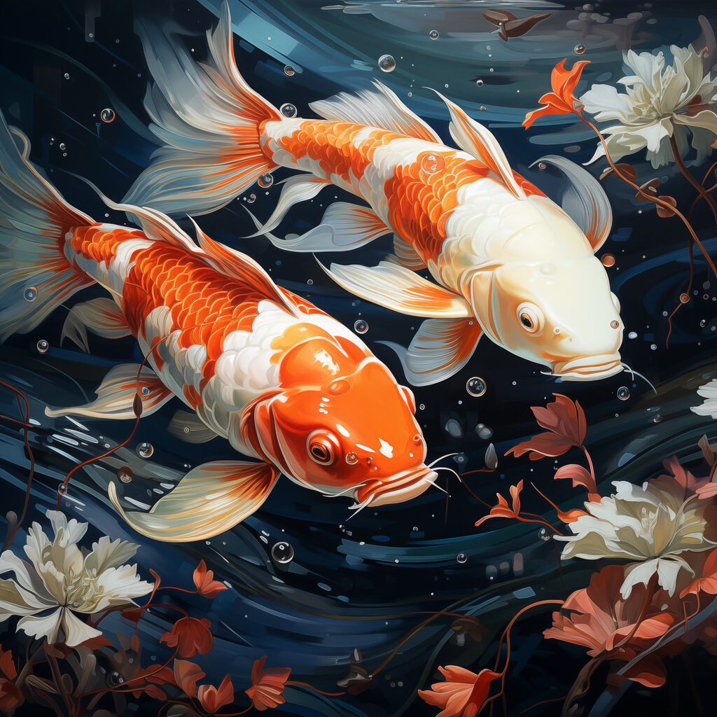 Couple of orange and white fish swimming in water Couple of orange and white fish swimming in water