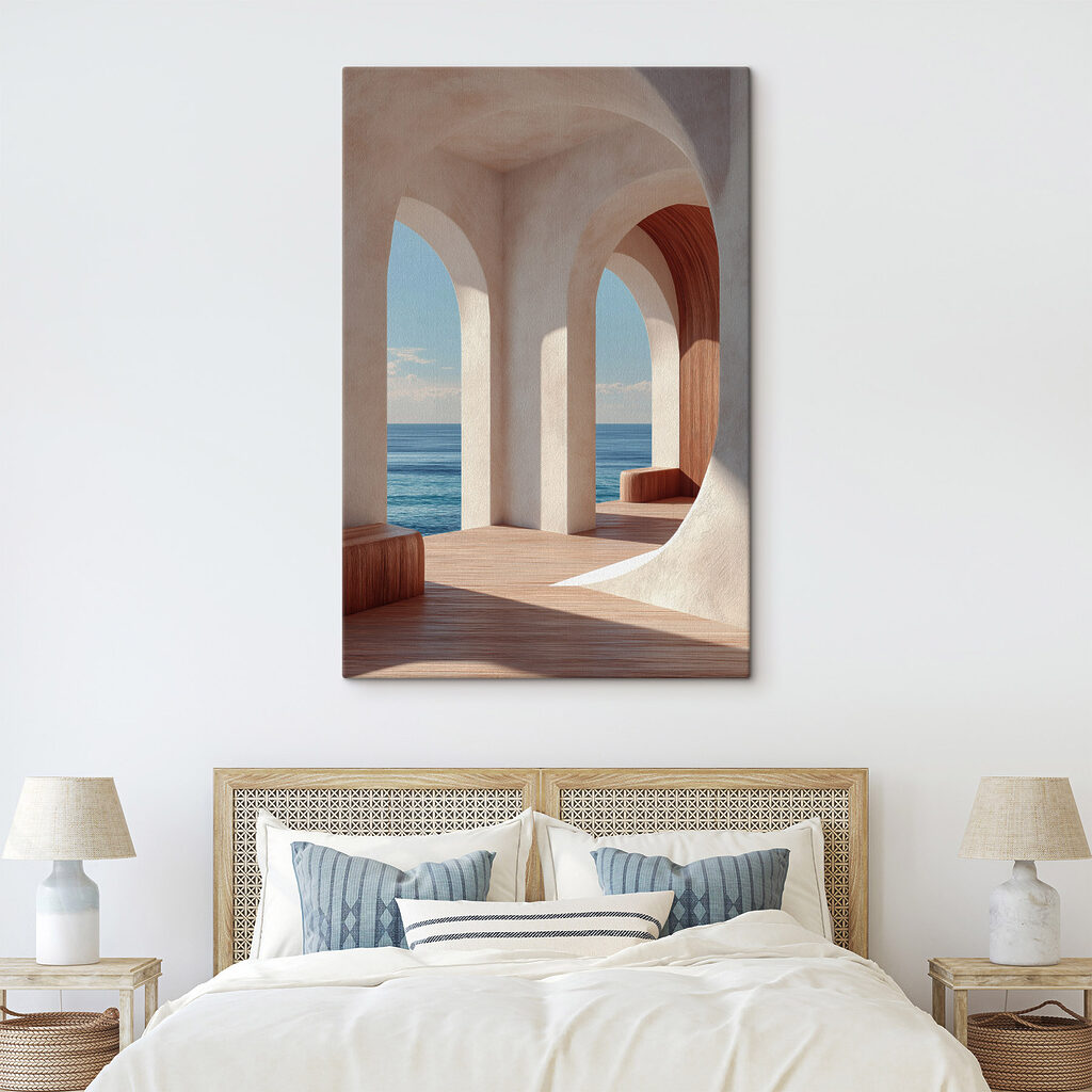 White building with arched windows and wood floors White building with arched windows and wood floors