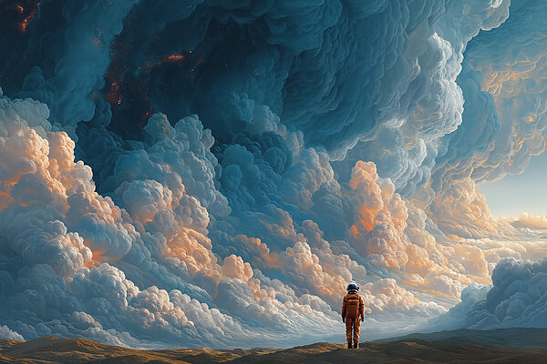Person standing in a desert with clouds in the background Person standing in a desert with clouds in the background