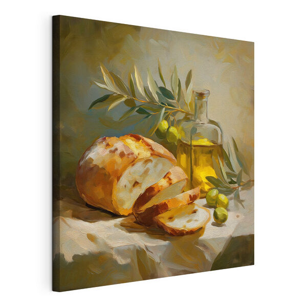 Peinture représentant une nature morte avec une miche de pain et des olives Tableaux Peinture représentant une nature morte avec une miche de pain et des olives