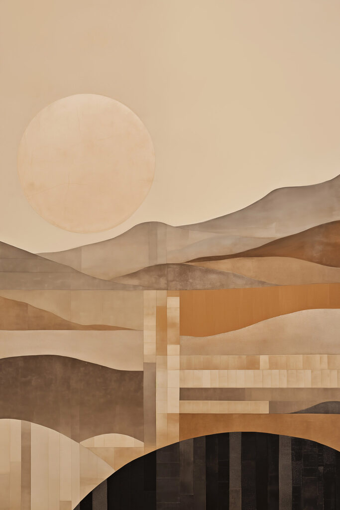 Painting of a landscape with a sun and mountains Painting of a landscape with a sun and mountains