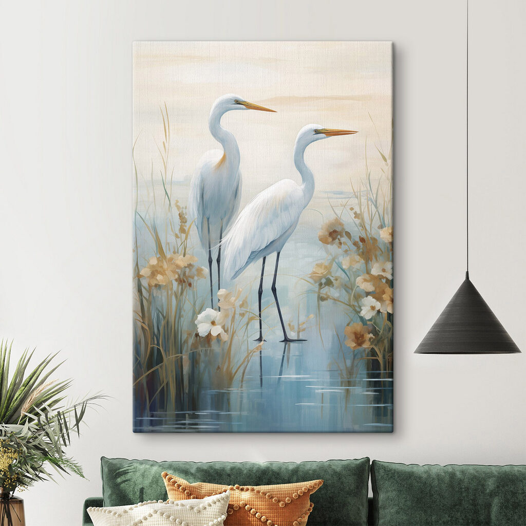 Painting of birds standing in water Painting of birds standing in water