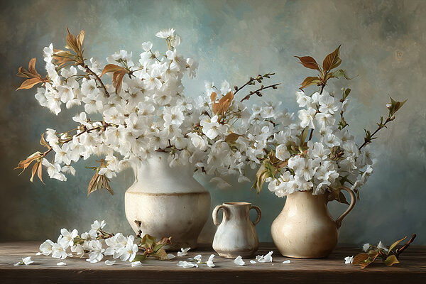 Group of white flowers in vases Group of white flowers in vases