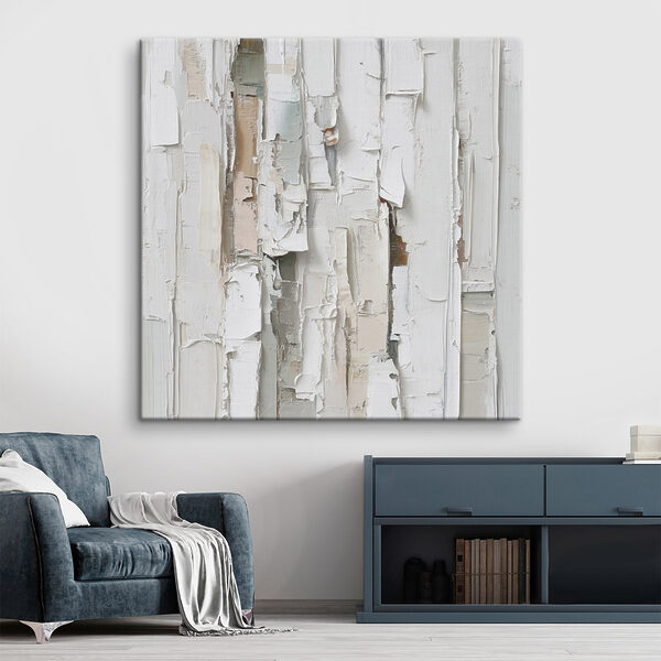 White painted wood with torn pieces of paper