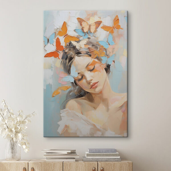 Painting of a woman with butterflies in her hair Painting of a woman with butterflies in her hair