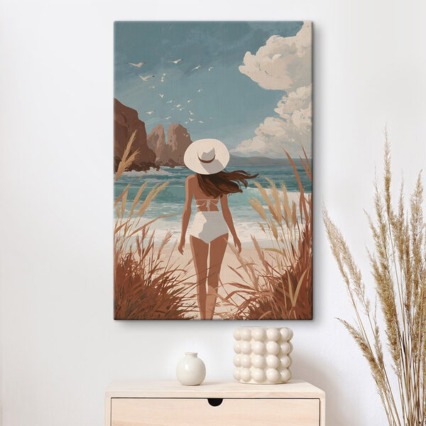 Tableaux Une femme en maillot de bain et avec un chapeau, marchant sur une plage